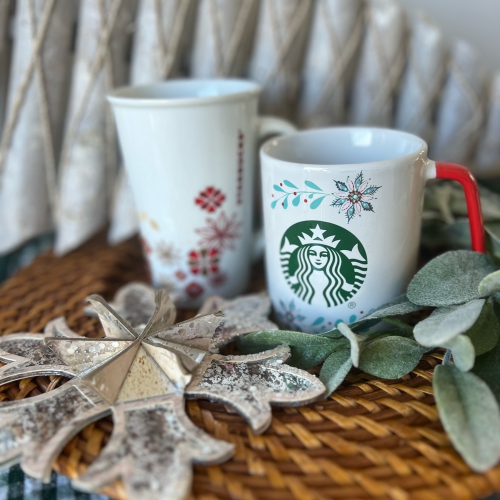 2 Starbucks Mugs Holiday Holly (11 oz) and Snowflakes‎ (12 oz) Ceramic